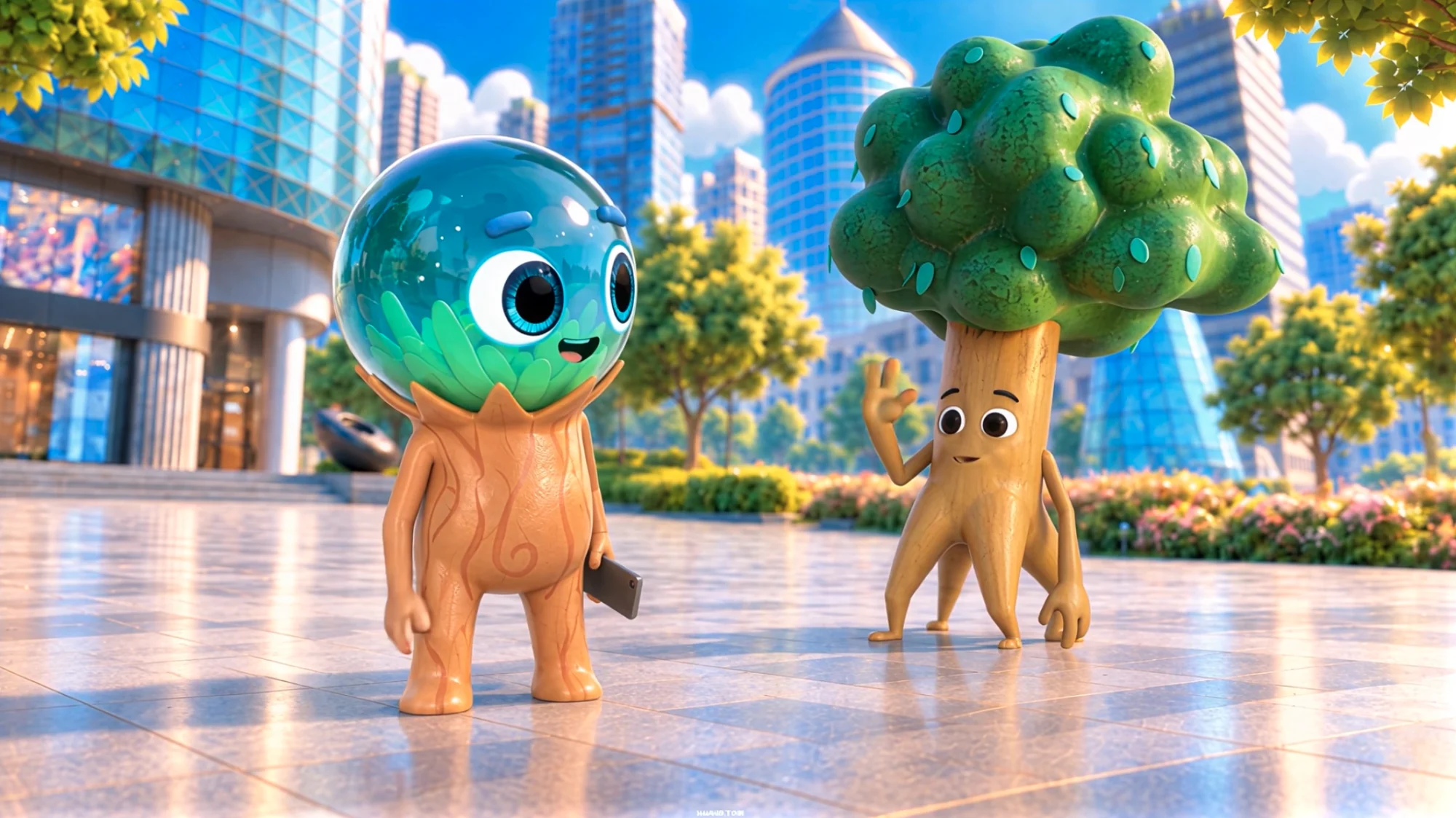 High-resolution 3D still showing two characters in MOE Let’s Go GEO