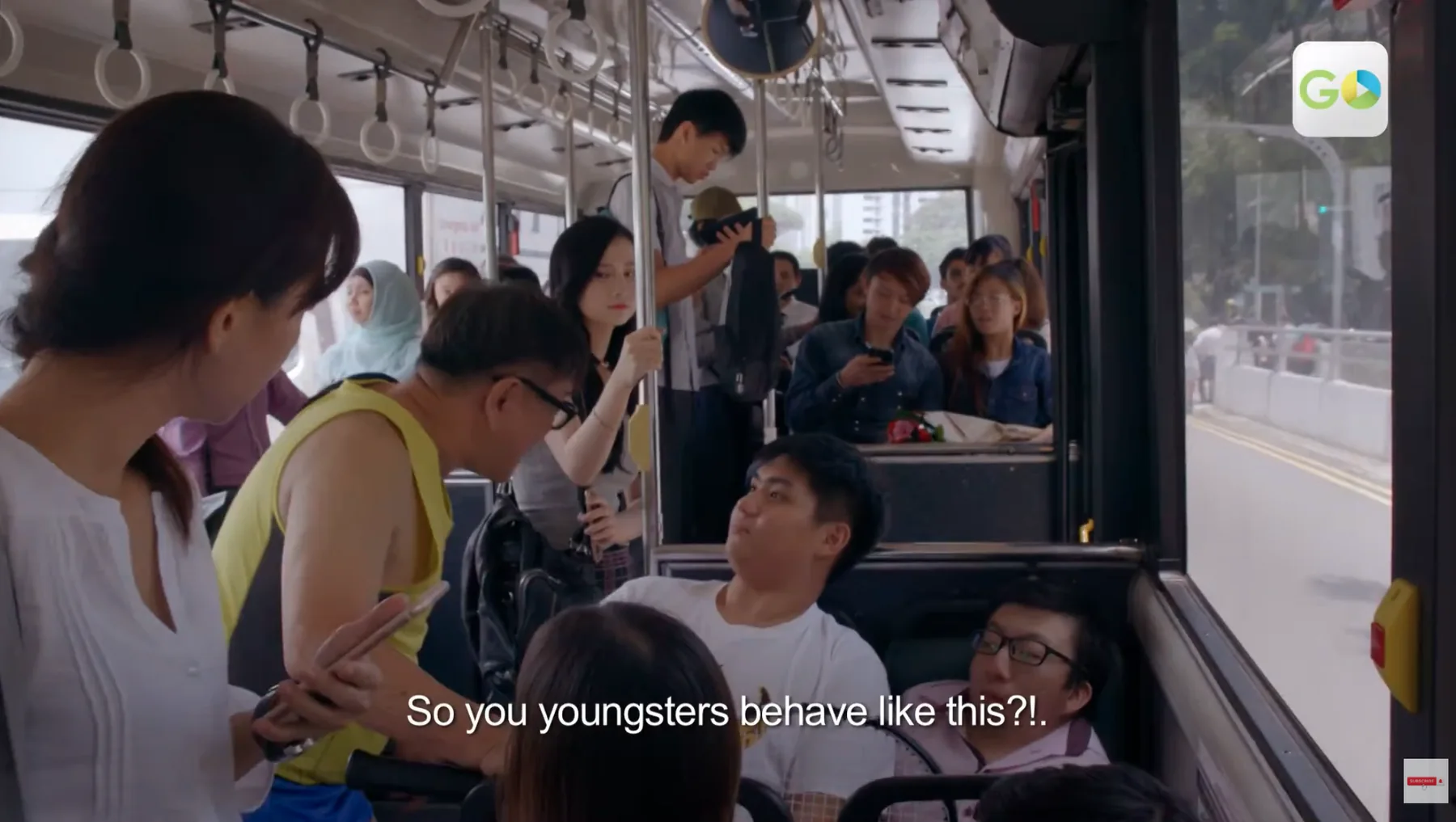 The familiar bus setting makes the dilemma immediate.