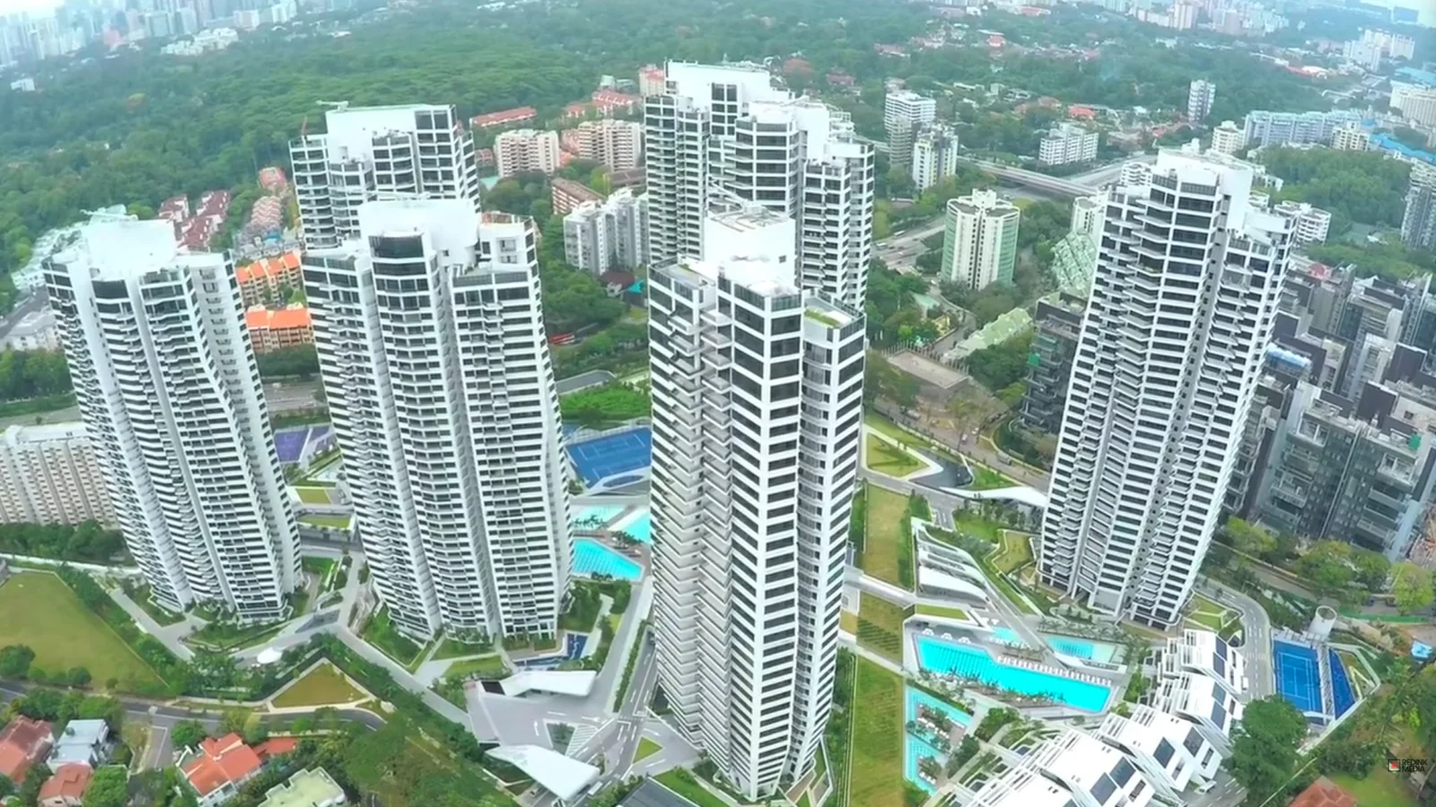 Aerial view of the completed D’Leedon towers